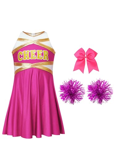 Hedmy Cheerleadering Kostüm Kinder Cheer Outfit Mädchen Kleid mit Pompoms Schleife für Halloween Party Verkleidung Karneval B Pink 158-164 von Hedmy