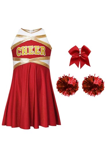 Hedmy Cheerleadering Kostüm Kinder Cheer Outfit Mädchen Kleid mit Pompoms Schleife für Halloween Party Verkleidung Karneval Ein Rot 134-140 von Hedmy