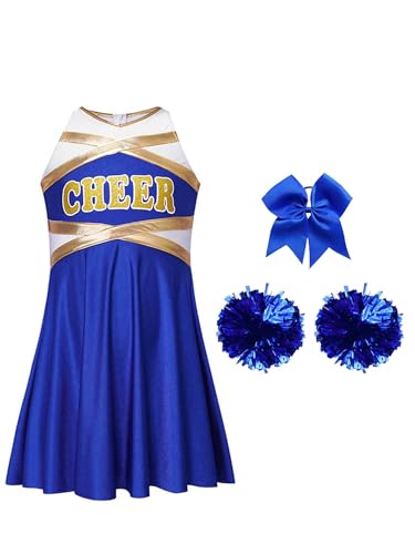 Hedmy Cheerleadering Kostüm Kinder Cheer Outfit Mädchen Kleid mit Pompoms Schleife für Halloween Party Verkleidung Karneval Ein blaues 158-164 von Hedmy