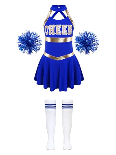 Hedmy Cheerleadering Kostüm Mädchen Pailletten Tanzkleid Ärmellose Uniform Kleid mit Pompoms Socken Outfit Set für Karneval Party B Königsblau 146-152 von Hedmy