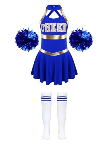 Hedmy Cheerleadering Kostüm Mädchen Pailletten Tanzkleid Ärmellose Uniform Kleid mit Pompoms Socken Outfit Set für Karneval Party Ein Königsblau 134-140 von Hedmy