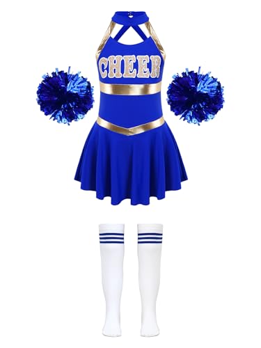 Hedmy Cheerleadering Kostüm Mädchen Pailletten Tanzkleid Ärmellose Uniform Kleid mit Pompoms Socken Outfit Set für Karneval Party Ein Königsblau 158-164 von Hedmy