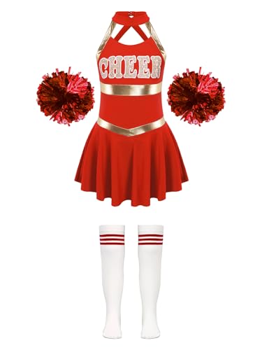 Hedmy Cheerleadering Kostüm Mädchen Pailletten Tanzkleid Ärmellose Uniform Kleid mit Pompoms Socken Outfit Set für Karneval Party Ein Rot 134-140 von Hedmy