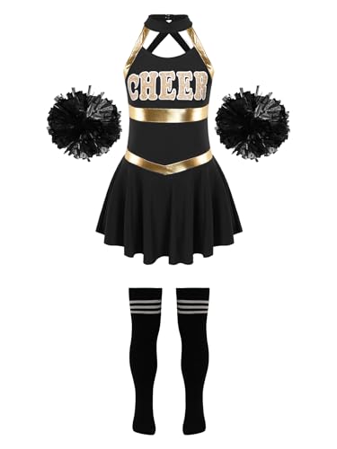 Hedmy Cheerleadering Kostüm Mädchen Pailletten Tanzkleid Ärmellose Uniform Kleid mit Pompoms Socken Outfit Set für Karneval Party Ein Schwarz-Weiß 110-116 von Hedmy
