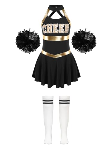 Hedmy Cheerleadering Kostüm Mädchen Pailletten Tanzkleid Ärmellose Uniform Kleid mit Pompoms Socken Outfit Set für Karneval Party Ein Weiß&Schwarz 170 von Hedmy