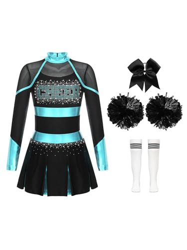 Hedmy Cheerleadering Kostüm Mädchen Tanzkleid Glitzer Langarm Tanzkostüm Minikleid mit Pompons Socken und Kopfschmuck Blau, Grün und Weiß 110-116 von Hedmy