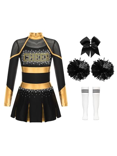 Hedmy Cheerleadering Kostüm Mädchen Tanzkleid Glitzer Langarm Tanzkostüm Minikleid mit Pompons Socken und Kopfschmuck Gold und Weiß 110-116 von Hedmy