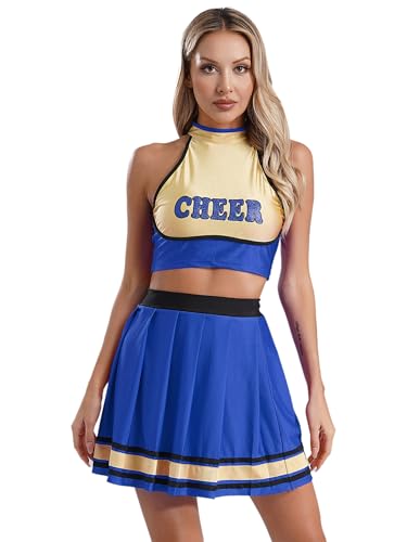 Hedmy Cheerleadering kostüm Damen Halloween Fasching Tanzkleidung Ärmellos Crop Top Bauchfrei Oberteil mit Minirock Blau M von Hedmy