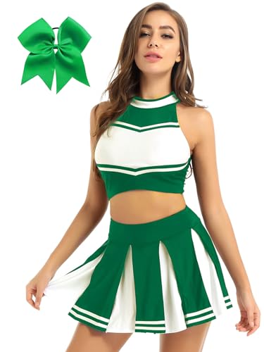 Hedmy Cheerleaderkostüm Damen Cheerleaderin Halloween Fasching Tanzkleidung Minirock mit Crop Top und Kopfbedeckung Grün XXL von Hedmy