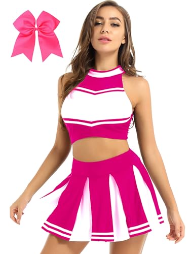 Hedmy Cheerleaderkostüm Damen Cheerleaderin Halloween Fasching Tanzkleidung Minirock mit Crop Top und Kopfbedeckung Hot Pink S von Hedmy