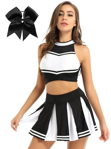 Hedmy Cheerleaderkostüm Damen Cheerleaderin Halloween Fasching Tanzkleidung Minirock mit Crop Top und Kopfbedeckung Schwarz S von Hedmy