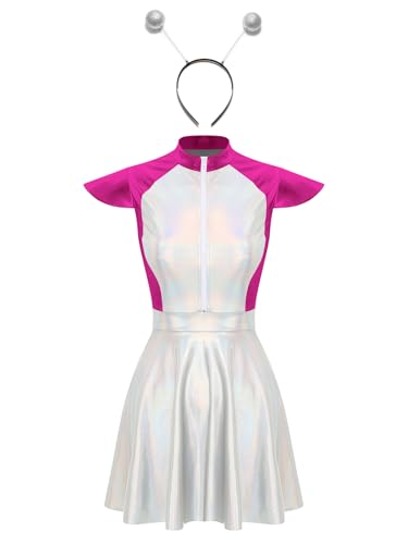 Hedmy Damen Alien Kostüm Space Girl Kleid Pailletten Tüll Rock mit Stirnband Fasching Karneval Cosplay Verkleidung Hot Pink S von Hedmy