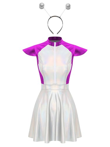 Hedmy Damen Alien Kostüm Space Girl Kleid Pailletten Tüll Rock mit Stirnband Fasching Karneval Cosplay Verkleidung Violett 3XL von Hedmy