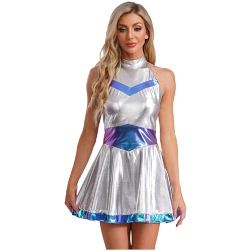 Hedmy Damen Astronauten Kostüm Metallic Kleid A-Linien Kurzes Kleid Fasching Karneval Cosplay Verkleidung Blau 3XL von Hedmy