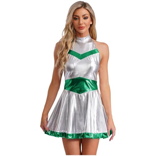 Hedmy Damen Astronauten Kostüm Metallic Kleid A-Linien Kurzes Kleid Fasching Karneval Cosplay Verkleidung Grün 3XL von Hedmy