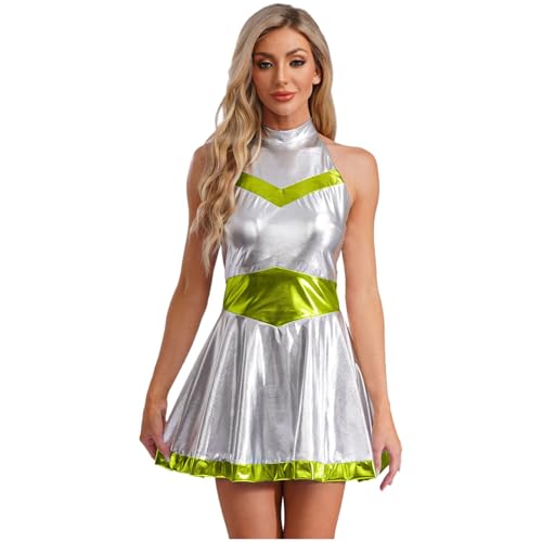 Hedmy Damen Astronauten Kostüm Metallic Kleid A-Linien Kurzes Kleid Fasching Karneval Cosplay Verkleidung Leuchtendes Grün 3XL von Hedmy