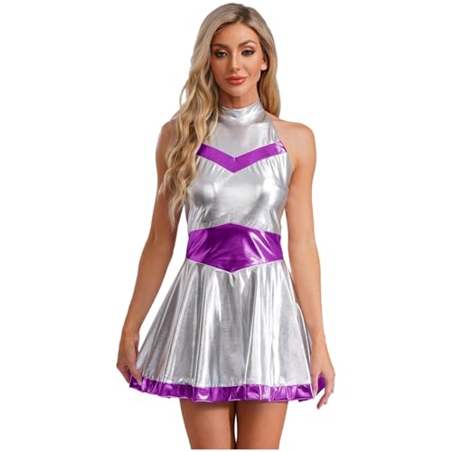 Hedmy Damen Astronauten Kostüm Metallic Kleid A-Linien Kurzes Kleid Fasching Karneval Cosplay Verkleidung Violett 3XL von Hedmy