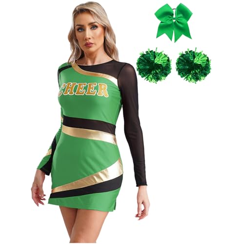 Hedmy Damen Cheerleading Kostüm Tanzkleid mit Pompoms und Haarband Langarm Bodycon Kleid Schulmädchen Kleid für Halloween Grün L von Hedmy