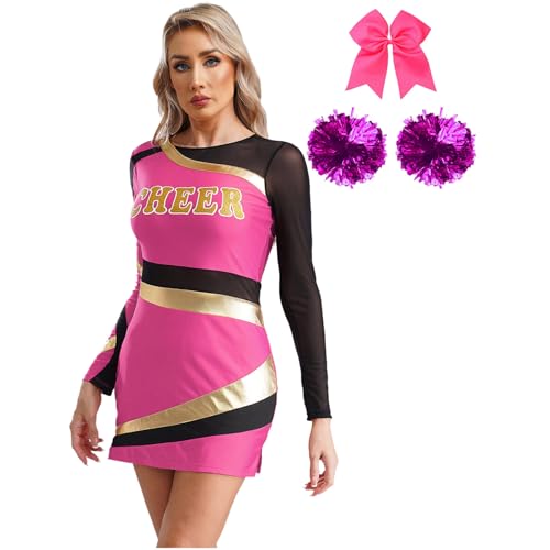 Hedmy Damen Cheerleading Kostüm Tanzkleid mit Pompoms und Haarband Langarm Bodycon Kleid Schulmädchen Kleid für Halloween Hot Pink XL von Hedmy