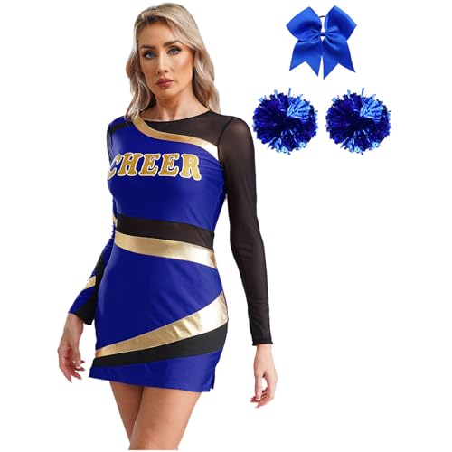 Hedmy Damen Cheerleading Kostüm Tanzkleid mit Pompoms und Haarband Langarm Bodycon Kleid Schulmädchen Kleid für Halloween Königsblau M von Hedmy