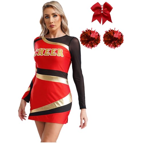 Hedmy Damen Cheerleading Kostüm Tanzkleid mit Pompoms und Haarband Langarm Bodycon Kleid Schulmädchen Kleid für Halloween Rot M von Hedmy