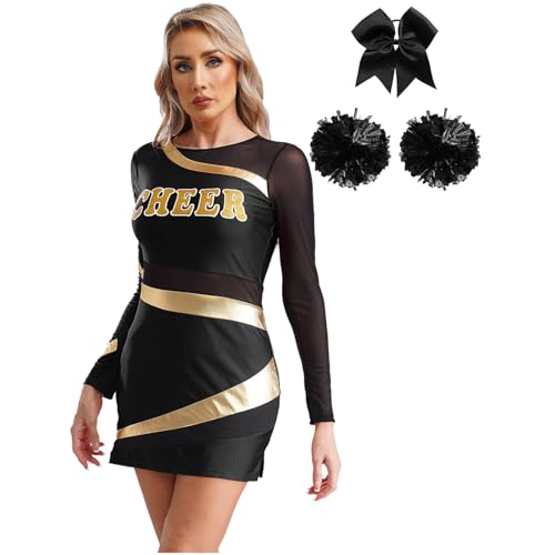 Hedmy Damen Cheerleading Kostüm Tanzkleid mit Pompoms und Haarband Langarm Bodycon Kleid Schulmädchen Kleid für Halloween Schwarz L von Hedmy