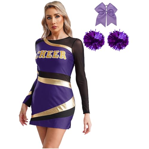 Hedmy Damen Cheerleading Kostüm Tanzkleid mit Pompoms und Haarband Langarm Bodycon Kleid Schulmädchen Kleid für Halloween Violett L von Hedmy