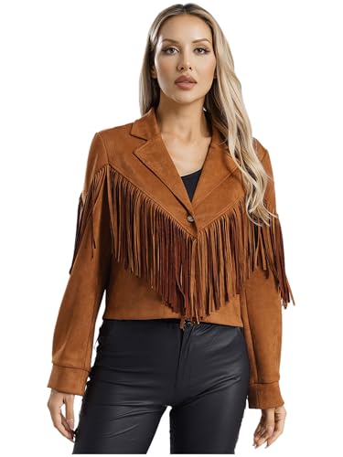 Hedmy Damen Fransen Jacke Wildleder Weste Langarm Cowboy Fransenweste Cropped Top Mit Quaste Cardigan Hippie-Kostüm Braun M von Hedmy