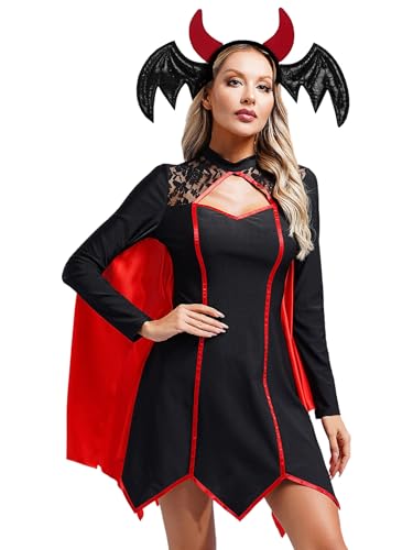 Hedmy Damen Hexen Kostüm Vampir Kleid mit Stirnband Set Fasching Karneval Halloween Mittelalter Kostüm Erwachsene Vampir Verkeldiung Schwarz L von Hedmy