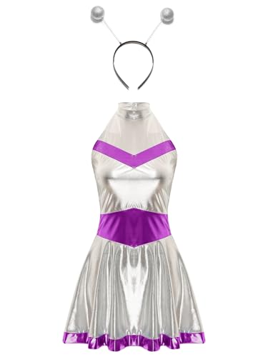 Hedmy Damen Metallic Astronauten Kostüm Pailletten Space Girl Kleid mit Stirnband Fasching Karneval Cosplay Verkleidung Violett S von Hedmy