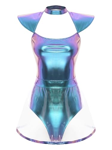 Hedmy Damen Metallic Body Astronauten Kostüm Ärmellos Overall Jumpsuit Fasching Karneval Cosplay Verkleidung Blau A 3XL von Hedmy