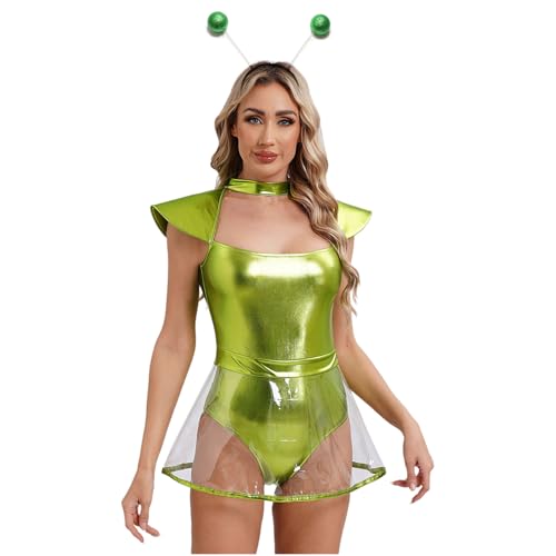 Hedmy Damen Metallic Body Astronauten Kostüm Overall Jumpsuit Pailletten Tüll Rock mit Haarreifen Fasching Karneval Verkleidung Leuchtendes Grün 3XL von Hedmy