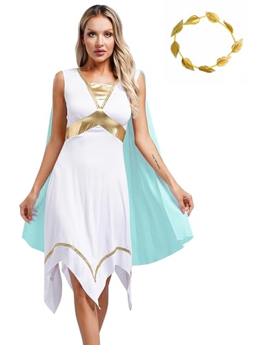 Hedmy Damen Römerin Griechisches Toga Kostüm Toga Kleid Asymmetrischer Rock mit Kopfbedeckung Römische Göttin Antike Halloween Kostüm Hellblau S von Hedmy