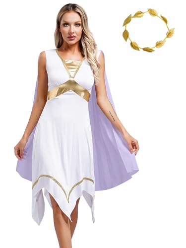 Hedmy Damen Römerin Griechisches Toga Kostüm Toga Kleid Asymmetrischer Rock mit Kopfbedeckung Römische Göttin Antike Halloween Kostüm Lavendel 3XL von Hedmy