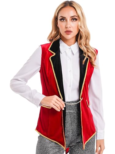 Hedmy Damen Zirkus Kostüm Halloween Frack Revers Ärmellose Samt Jacke Zirkusdirektorin Mantel Jäckchen Fasching Karneval Kostüm Rot 3XL von Hedmy