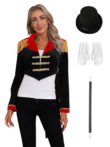 Hedmy Damen Zirkus Kostüm Halloween Frack Revers Langarm Samt Jacke Zirkusdirektorin Mantel mit Hut Zauberstab und Handschuhe Fasching Karneval Kostüm Schwarz 3XL von Hedmy