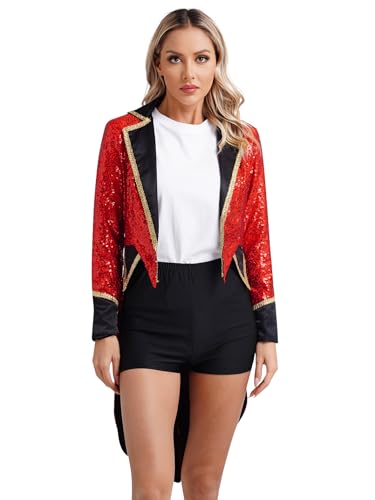 Hedmy Damen Zirkus Kostüm Halloween Pailletten Frack Revers Langarm Jacke Zirkusdirektorin Mantel Jäckchen Fasching Karneval Kostüm Rot XL Hedmy Damen Zirkus Kostüm Halloween Pailletten Frack Revers Langarm Jacke Zirkusdirektorin Mantel Jäckchen Fasching Karneval Kostüm Rot XL von Hedmy