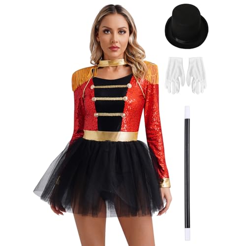 Hedmy Damen Zirkus Kostüm Langarm Tanzkleid mit Quasten Ringmaster Kleid Bowlerhut Handschuhe und Zauberstab Halloween Karneval Rot 3XL von Hedmy