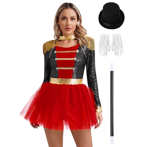 Hedmy Damen Zirkus Kostüm Langarm Tanzkleid mit Quasten Ringmaster Kleid Bowlerhut Handschuhe und Zauberstab Halloween Karneval Schwarz 3XL von Hedmy