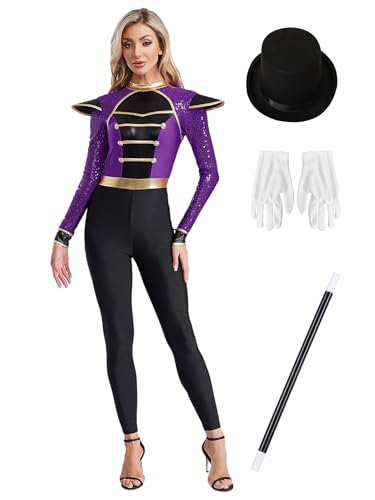 Hedmy Damen Zirkus Ringmaster Kostüm Langarm Bodysuit Body mit Magierhut Handschuhe Zauberstab Fasching Karneval Halloween Violett 4XL von Hedmy