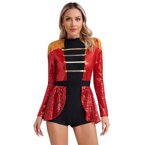 Hedmy Damen Zirkusdirektorin Kostüm Ringmaster Uniform Bodysuit mit Fransen Glitzer Leotard Jumpsuit Halloween Fasching Kostüm Rot 3XL von Hedmy