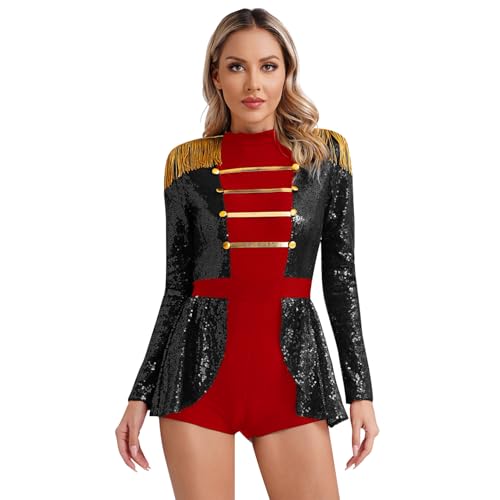 Hedmy Damen Zirkusdirektorin Kostüm Ringmaster Uniform Bodysuit mit Fransen Glitzer Leotard Jumpsuit Halloween Fasching Kostüm Schwarz 3XL von Hedmy