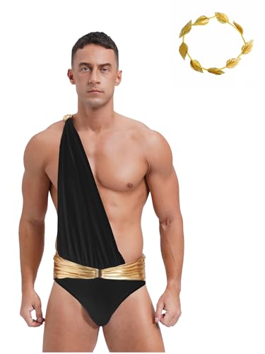 Hedmy Griechischer Gott Kostüm Herren Caesar Kostüm Ein-Schulter Bodysuit mit Kopfbedeckung Erwachsener Caesar Cosplay Halloween Karneval Schwarz 3XL von Hedmy