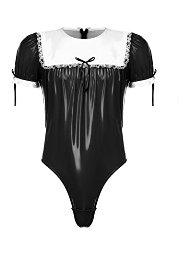 Hedmy Herren Dienstmädchen Kostüm Bodysuit Lack Leder Dessous Overall Unterhemd Männer Sissy Maid Cosplay Faschingskostüm Schwarz 3XL von Hedmy
