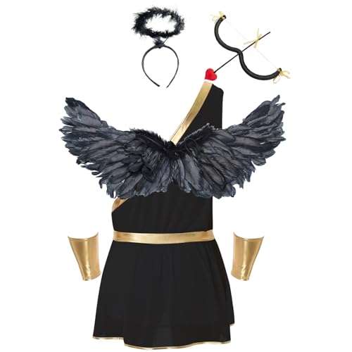 Hedmy Herren Fasching Pharao Ägypter Kostüm Halloween Griechischer König Kostüm Strampler mit Flügel Bogen Pfeil und Haarreif Schwarz L von Hedmy