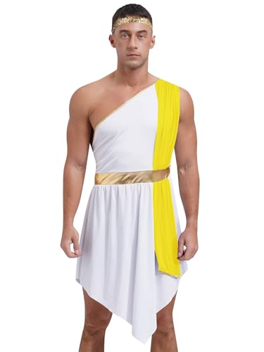 Hedmy Herren Griechischer Gott Kostüm Weiß Römische Toga Gewand Ärmelloses Kleid Halloween Karneval Fasching Kostüm Gelb 3XL von Hedmy