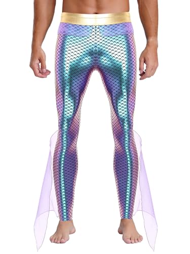 Hedmy Herren Hose König der Meere Kostüm Glänzend Fischschuppen Leggings Pants für Karneval Mottoparty Cosplay Violett A 4XL von Hedmy