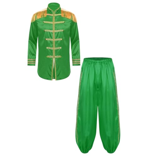 Hedmy Herren SGT Kostüm Set Halloween Hippie Mittelalterlich Langarm Hemd Satin Jacken und Hose Renaissance Kostüm Grün 3XL von Hedmy