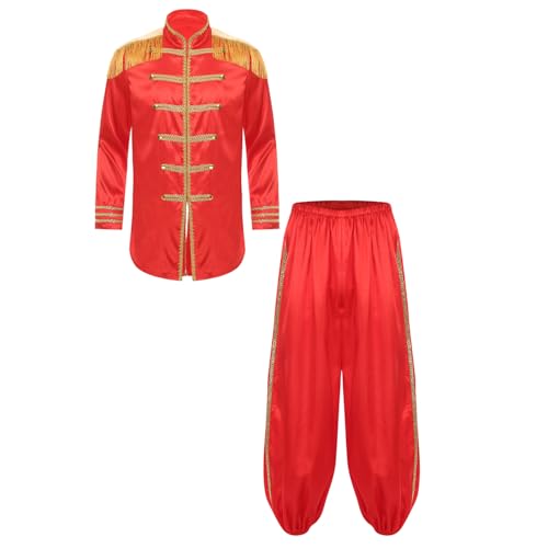 Hedmy Herren SGT Kostüm Set Halloween Hippie Mittelalterlich Langarm Hemd Satin Jacken und Hose Renaissance Kostüm Rot 3XL von Hedmy