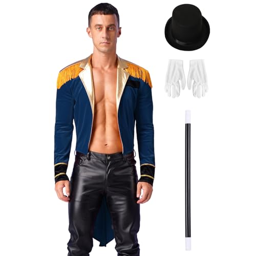 Hedmy Herren Zirkusdirektor Kostüm Vintage Retro Jacke Frack mit Hut und Handschuhe Zauberstab Set für Karneval Halloween Dunkelblau 3XL von Hedmy